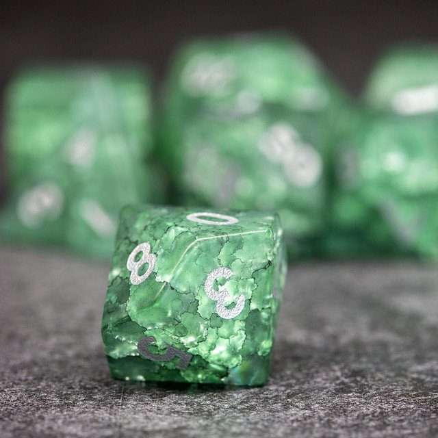Sage's Kaleidoscopes Green/Mica Cracked Glass Frosted Finish Polyhedral Dice Set image 3