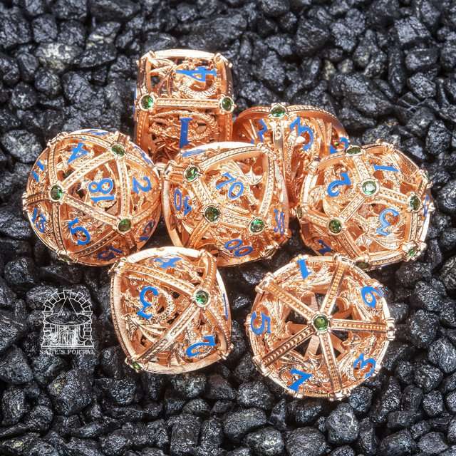 Sage’s Dragon Orb Copper Green Diamond Hollow Metal Polyhedral Dice Set image 0