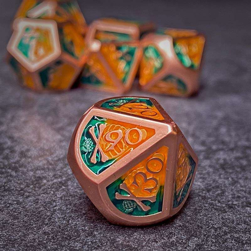 Sage's Grim's Fortunes - Bronze Peach/Green Skull-Bones Metal Polyhedral Dice Set image 4