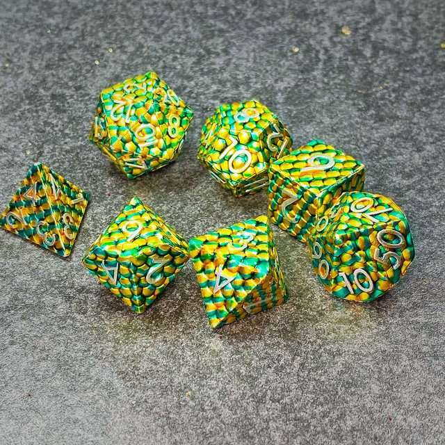 Sage's Dragonstones - Scaled Eggs Green/Yellow Metal Polyhedral Dice image 11