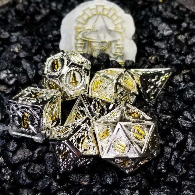 Sage's Knight's Valor - Truesilver Gold Ink Metal Polyhedral Dice Set image 10