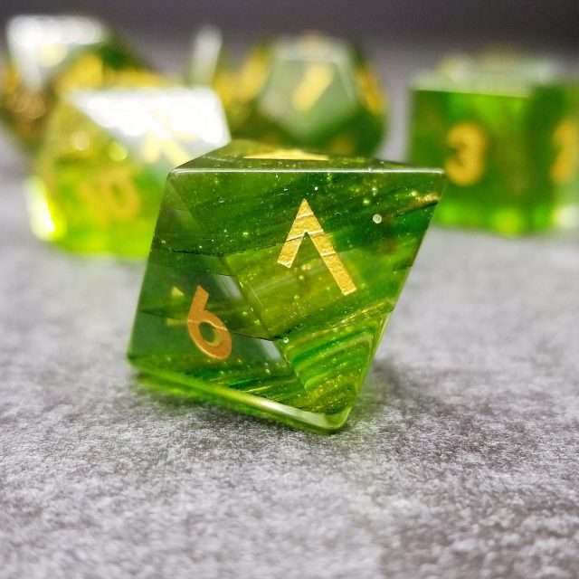 Sage's Treasures- Green Glass Layered Gold Glitter Gemstone Polyhedral Dice Set image 5