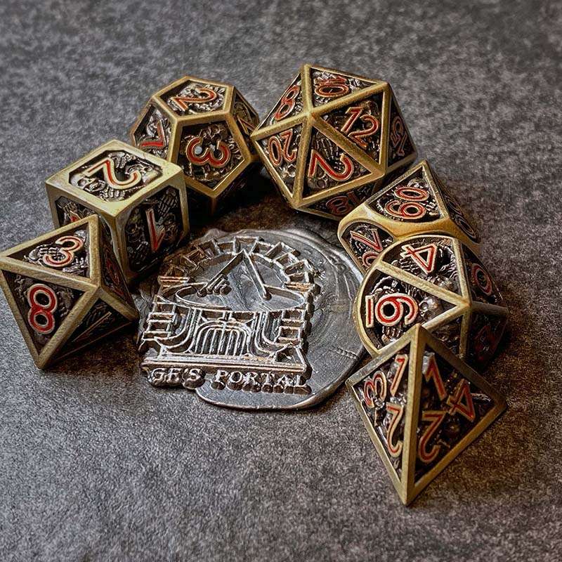 Sage's Grim's Fortunes - Bronze Red Ink Reaper Hollow Metal Polyhedral Dice Set image 0