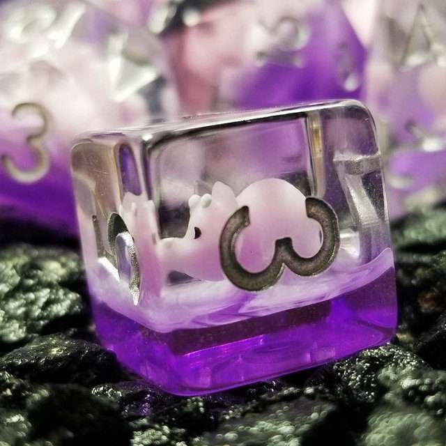 Sage's Familiars- Pink Baby Triceratops Resin Polyhedral Dice Set image 4