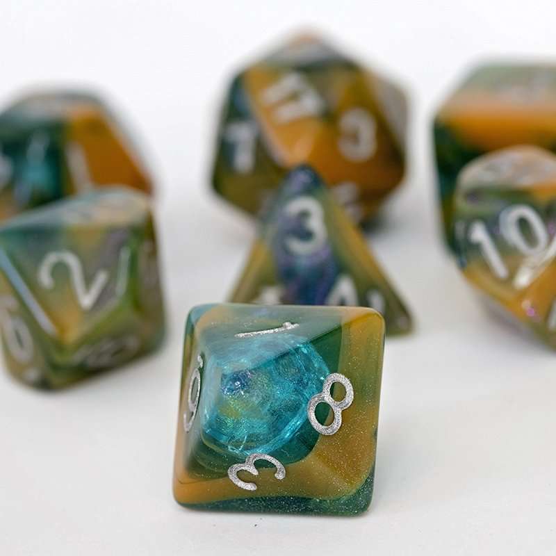 Sage's Shards - Caramel/Green/Turquoise Glitter and Silver Ink Acrylic Polyhedral Dice Set image 7