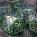 Sage's Glyphed Green Cracked Glass Frosted Finish Polyhedral Dice Set image 0