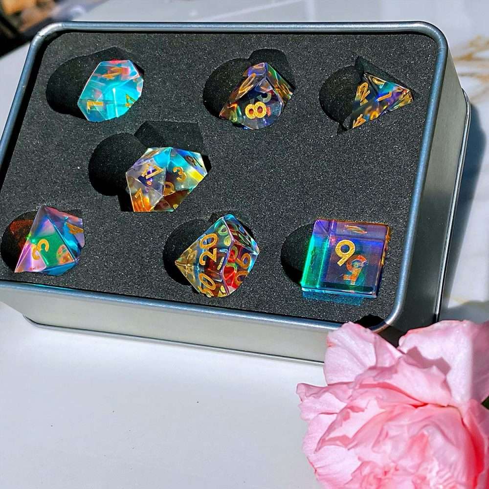 Sage's Treasures - Captured Rainbow Gold Ink Dichroic Glass Polyhedral Dice Set image 11