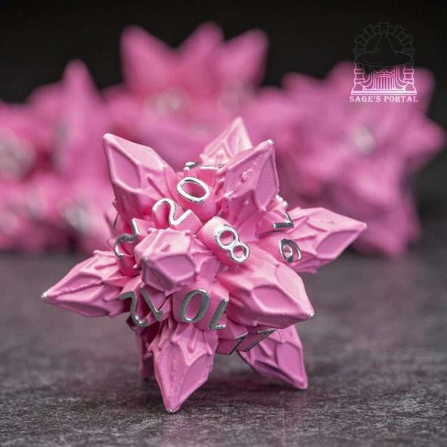 Sage's Deadly Blossoms Painted Pink Metal Polyhedral Dice Set image 1