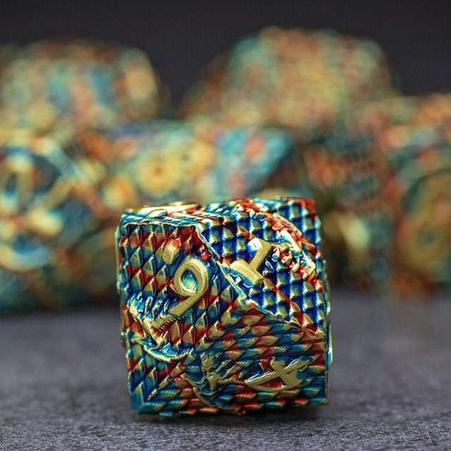 Sage's Dragonscales Green/Red/Gold Metal Polyhedral Dice Set image 4