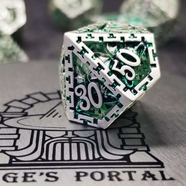Sage's Dragonstones - Chained Noble Dragon Green Hollow Metal Polyhedral Dice Set image 3