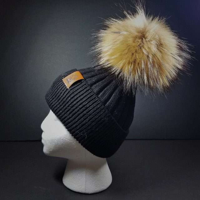 Sage's Cap - Black Wool Beanie with Raccoon Pompom image 8