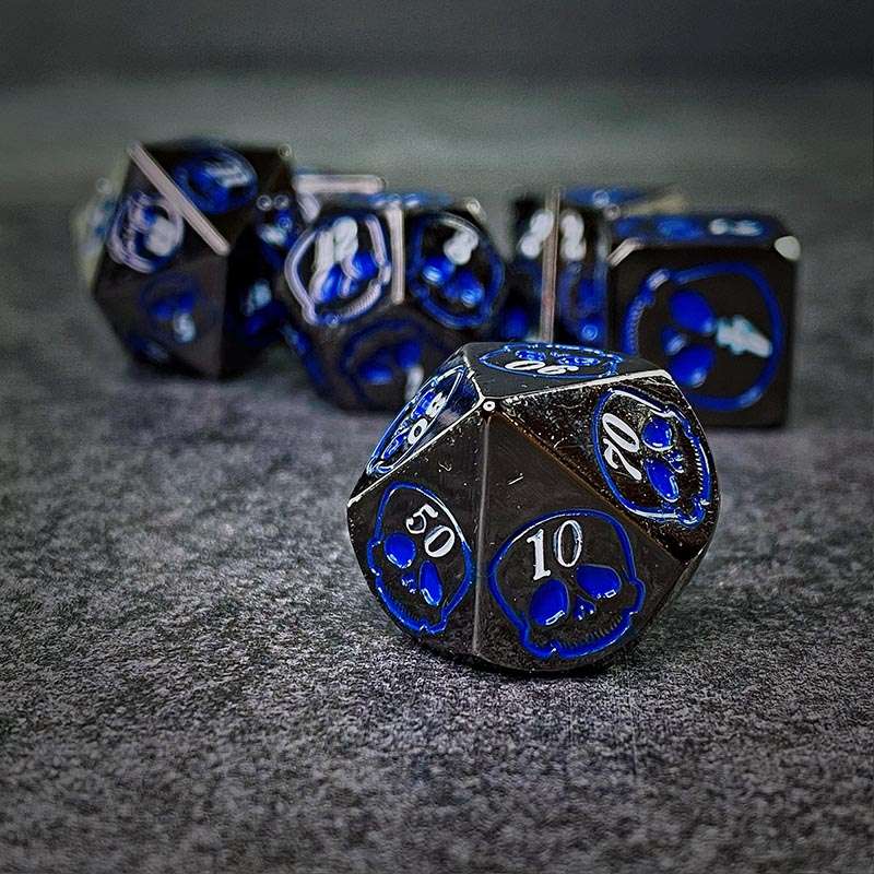 Sage's Grim's Fortunes - Gloss Black with Blue Metal Polyhedral Dice Set image 3