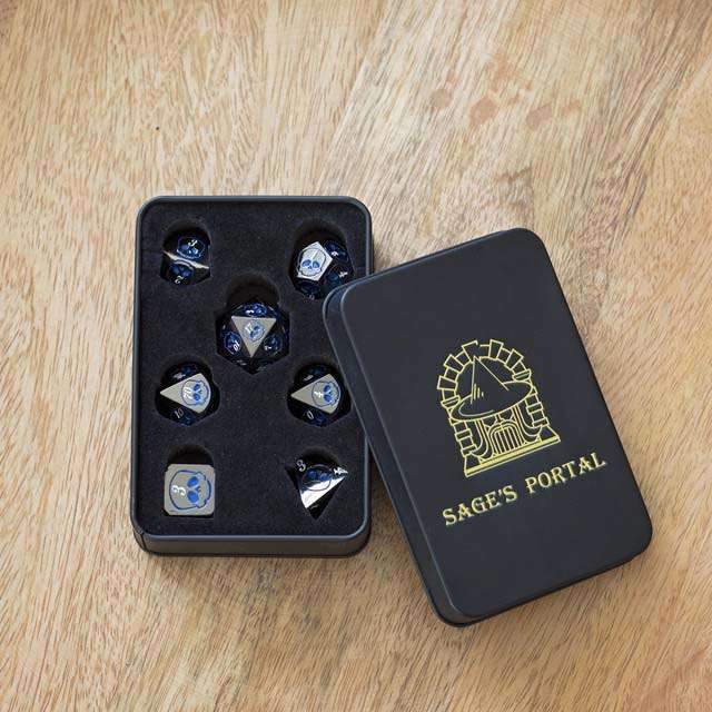 Sage's Grim's Fortunes - Gloss Black with Blue Metal Polyhedral Dice Set image 12