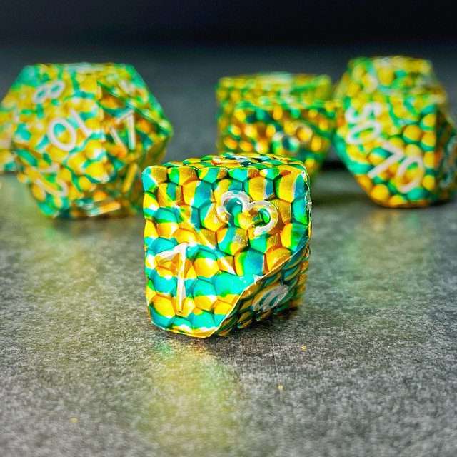 Sage's Dragonstones - Scaled Eggs Green/Yellow Metal Polyhedral Dice image 4