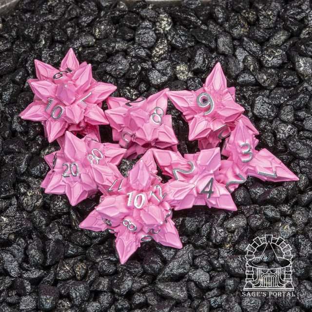 Sage's Deadly Blossoms Painted Pink Metal Polyhedral Dice Set image 0