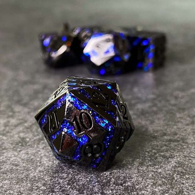 Sage's Dimension Stones - Dark Silver Glitter Blue Stripes Black Ink Metal Polyhedral Dice Set image 1