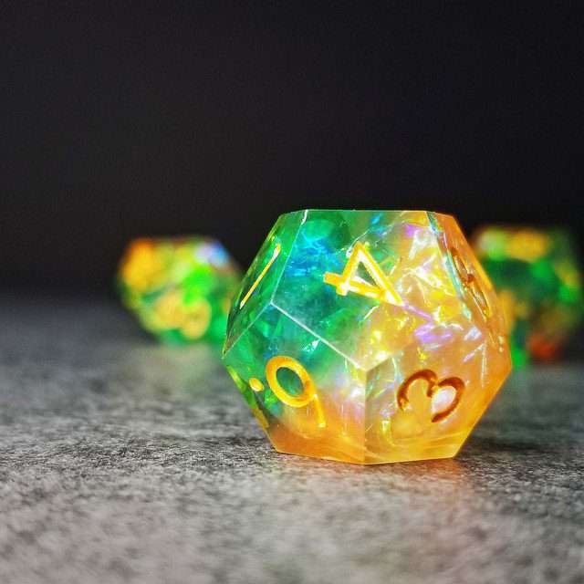 Sage's Enchanted Crystals Green/Peach Gold Ink Sharp Edge Resin Dice Set image 6