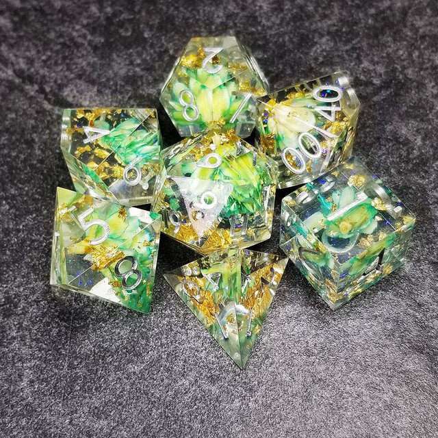 Sage’s Enchanted Flower Cyan Sharp Edge Resin Polyhedral Dice Set image 29