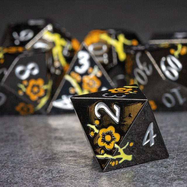 Sage's Petrified Flowers Black Orange/Yellow Flowers Metal Polyhedral Dice Set image 5