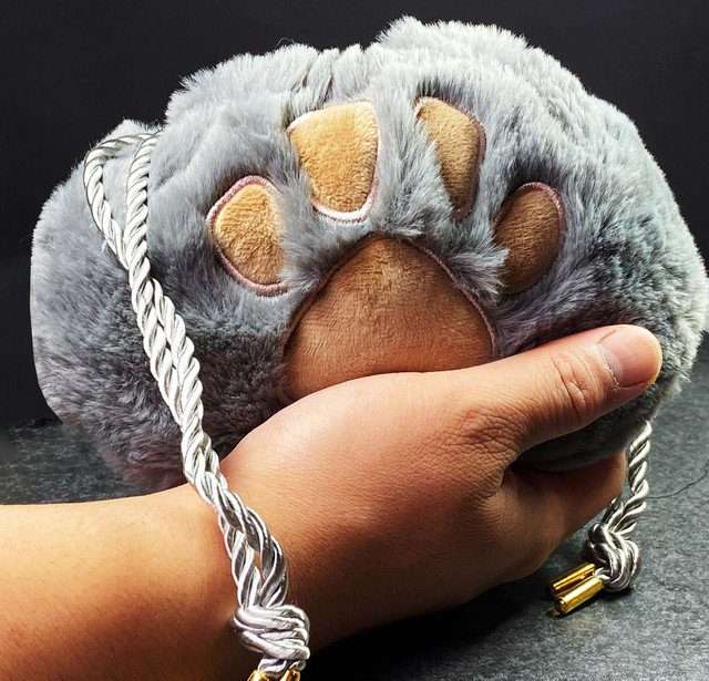 Sage's Furry Kittypaw Bag - Grey Fur/Brown Paw Dice Bag image 1