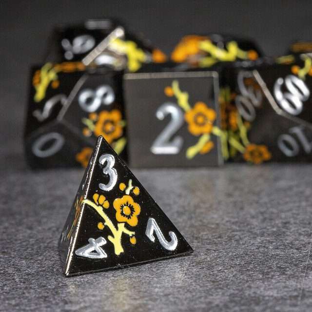Sage's Petrified Flowers Black Orange/Yellow Flowers Metal Polyhedral Dice Set image 7