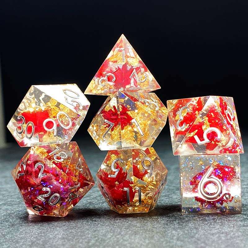 Sage’s Enchanted Flower Red/Silver Ink Sharp Edge Resin Polyhedral Dice Set image 1