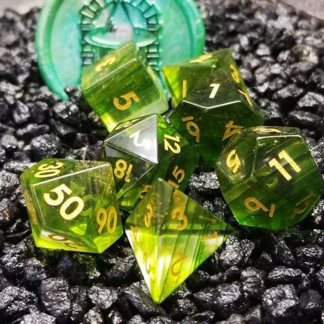 Sage's Treasures- Green Glass Layered Gold Glitter Gemstone Polyhedral Dice Set image 0