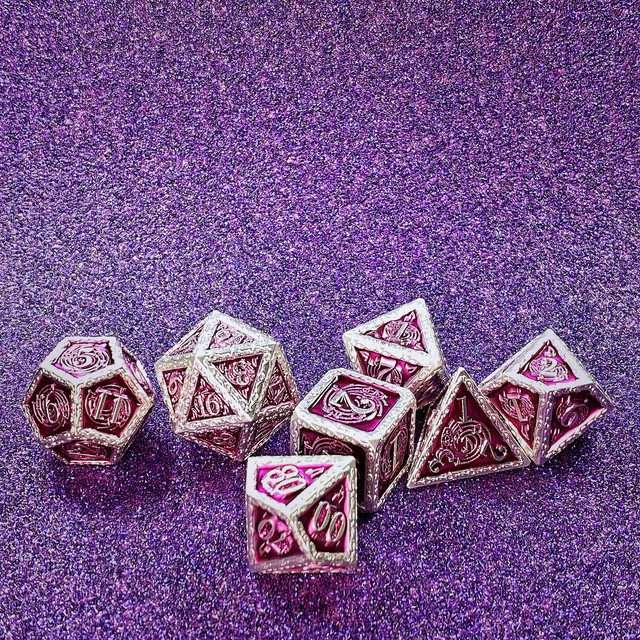Sage's Anthems - Pearl Silver and Purple Metal Polyhedral Dice Set image 27