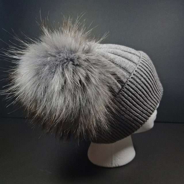 Sage’s Cap – Grey Wool Beanie with Double Raccoon Pompom image 2