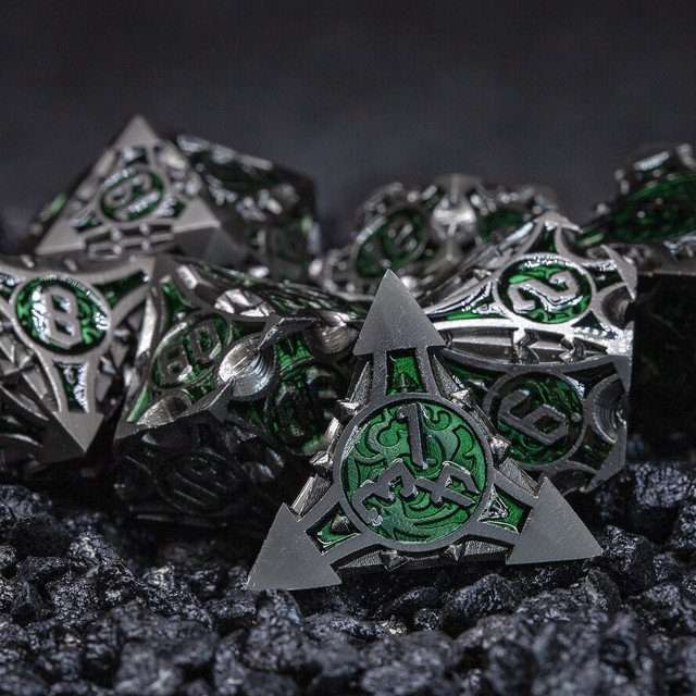 Sage's Runic Caltrops Black/Green Metal Polyhedral Dice Set image 8