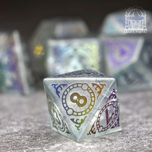 Sage's Glyphed Grey Cracked Glass Frosted Finish Polyhedral Dice Set image 5