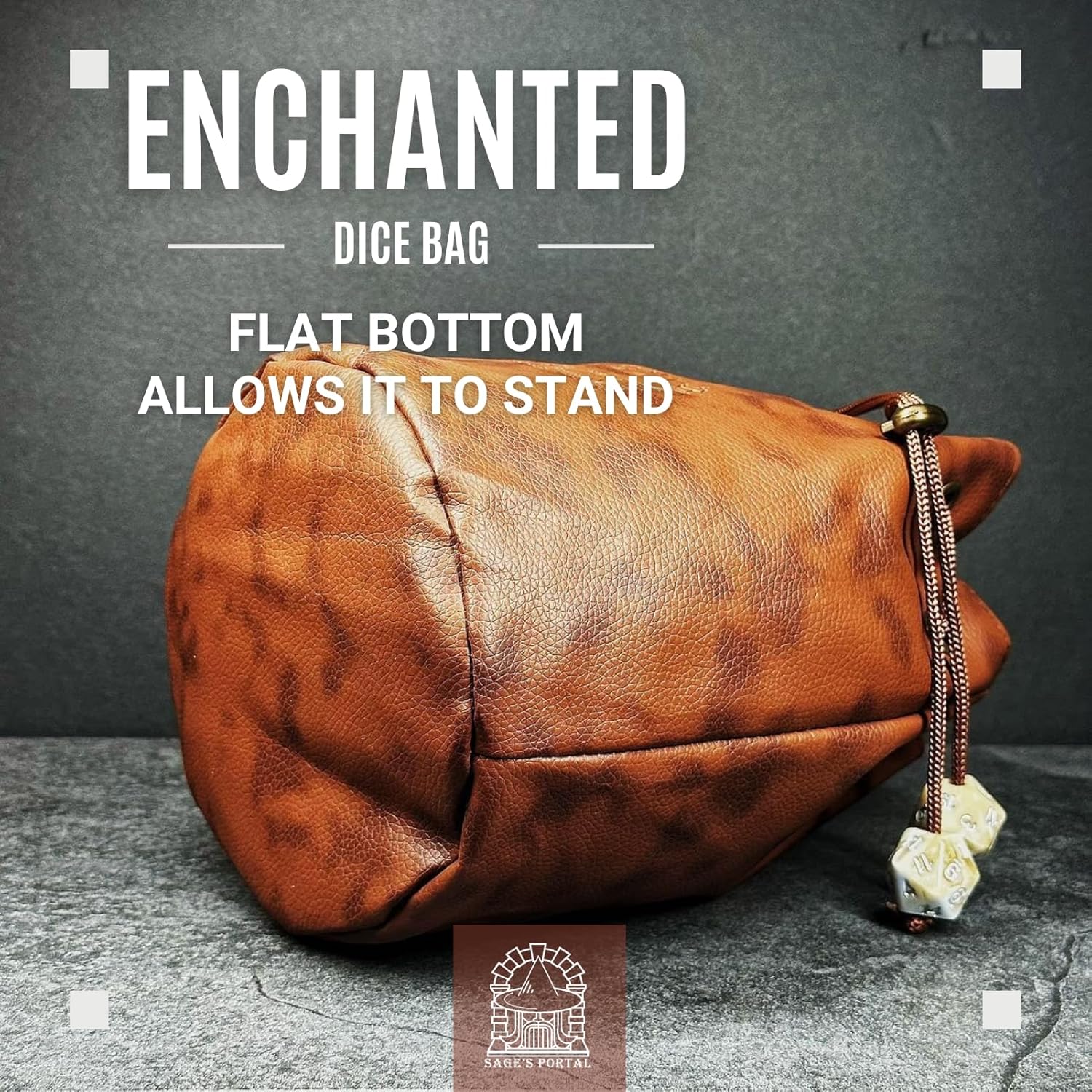 Sage's Enchanted Dice Bag - Spotted PU Leather Dice Bag with D20 Cord Ends