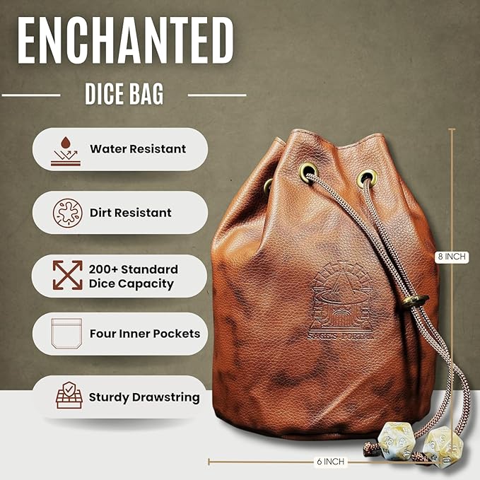 Sage's Enchanted Dice Bag - Spotted PU Leather Dice Bag with D20 Cord Ends