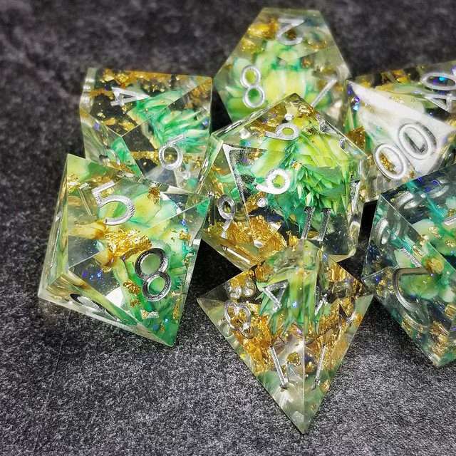 Sage’s Enchanted Flower Cyan Sharp Edge Resin Polyhedral Dice Set image 26