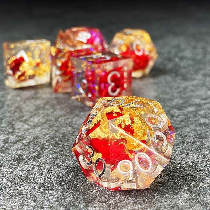 Sage’s Enchanted Flower Red/Silver Ink Sharp Edge Resin Polyhedral Dice Set image 12
