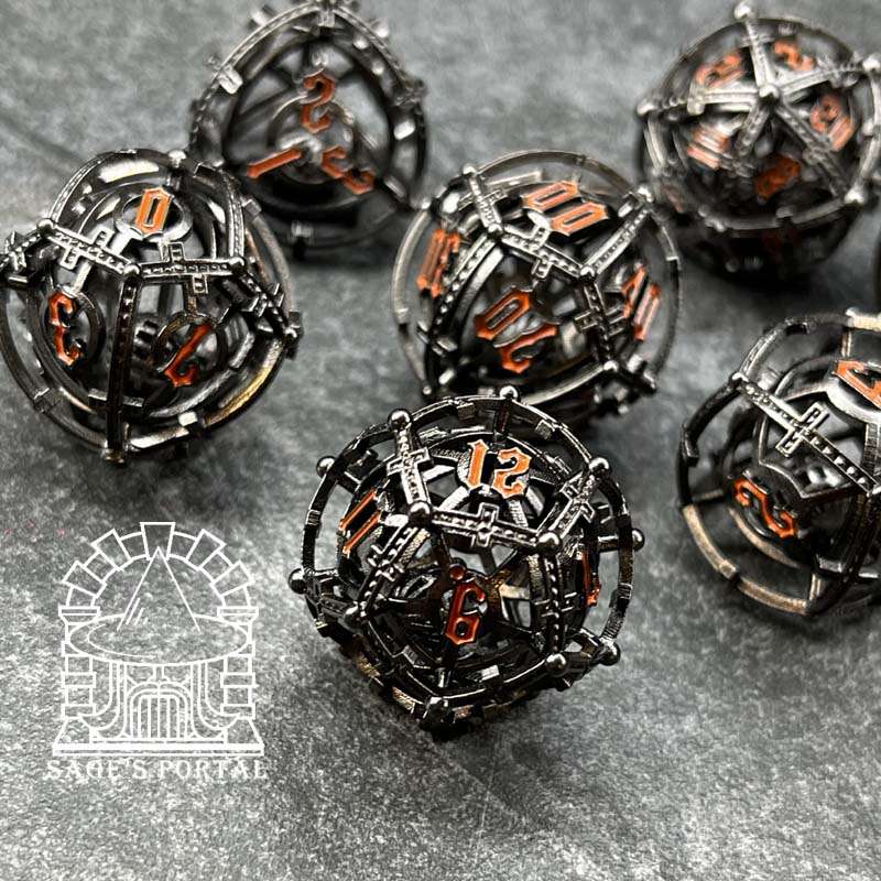 Sage's Caged Centrifuge Hollow Metal Polyhedral Dice Set image 1