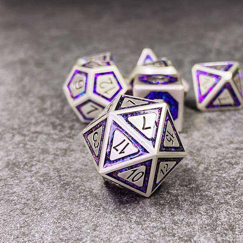 Sage's Wonders - Pearl Silver Purple Glitter Inlay Metal Polyhedral Dice Set image 2