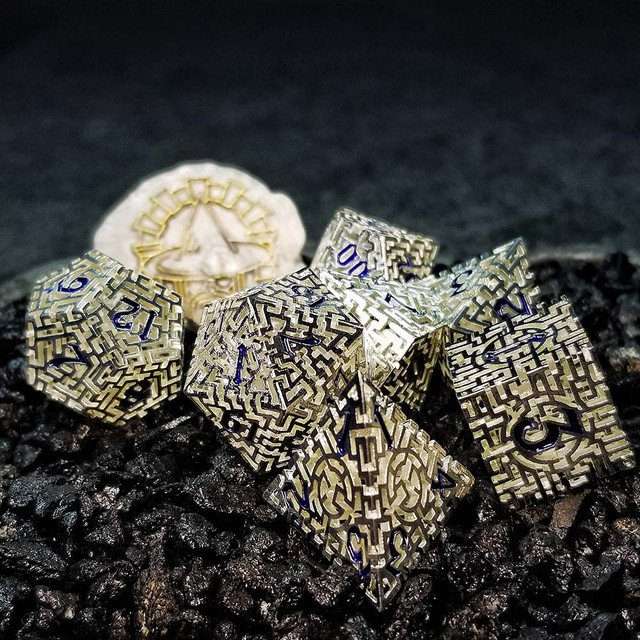Sage's Labyrinths - Silver Weave Blue Ink Hollow Metal Polyhedral Dice Set image 22