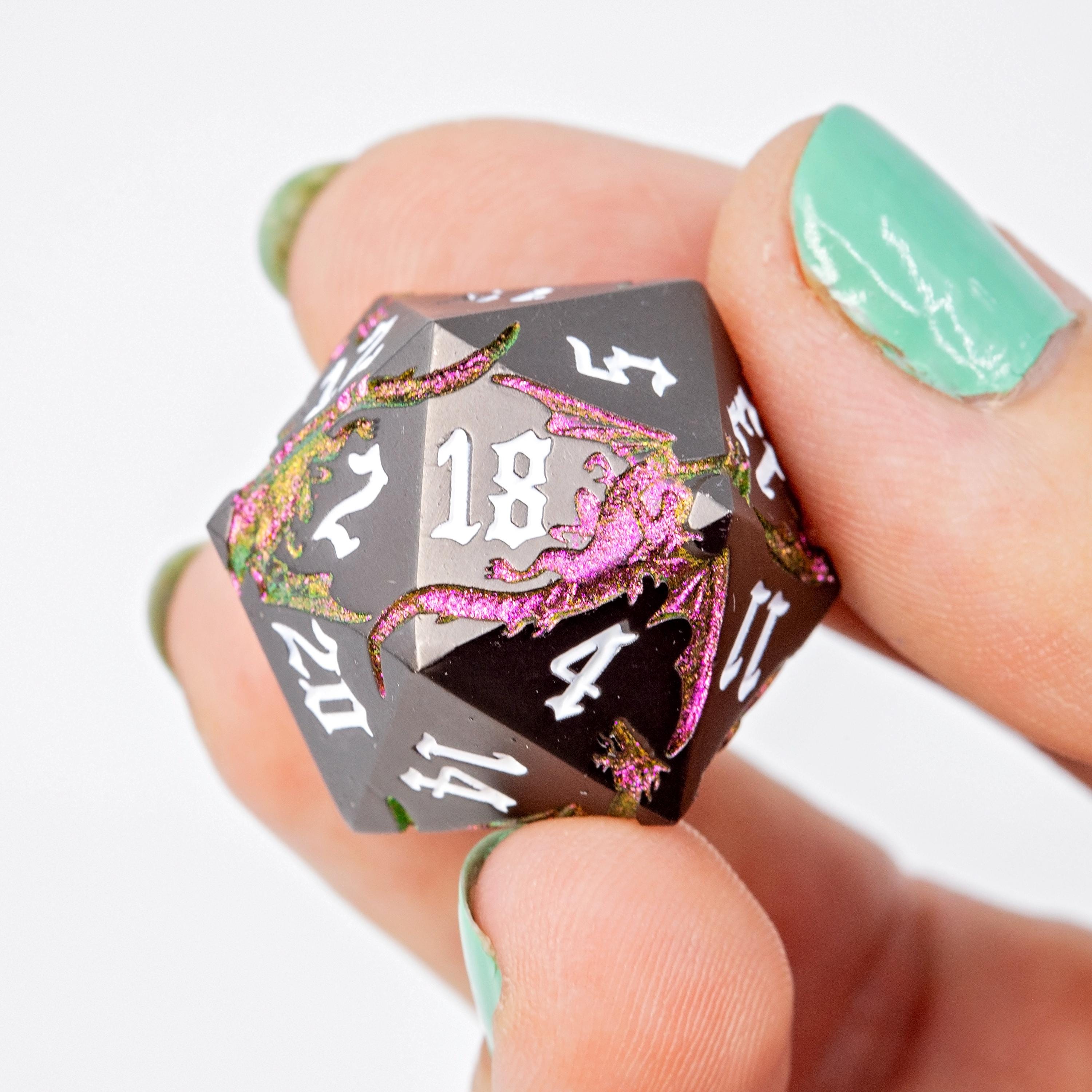 Black & Pink Metal DND Dice Set | Sage’s Dragon Etchings | Rose Gold Engraved Dragons Polyhedral Dice