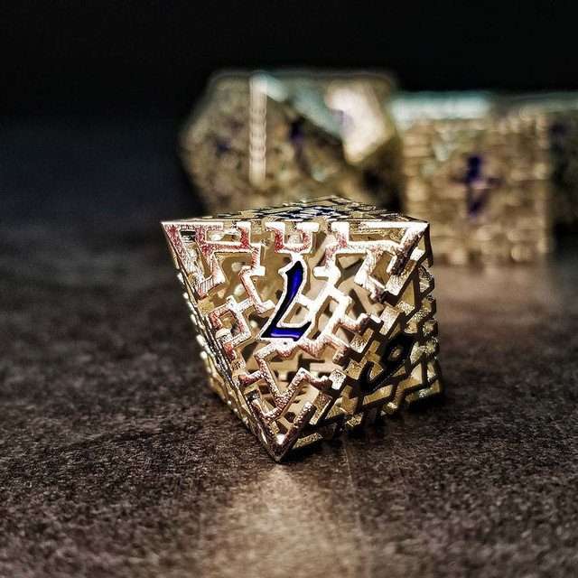 Sage's Labyrinths - Silver Weave Blue Ink Hollow Metal Polyhedral Dice Set image 25