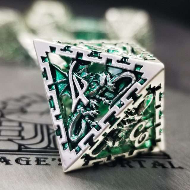 Sage's Dragonstones - Chained Noble Dragon Green Hollow Metal Polyhedral Dice Set image 5