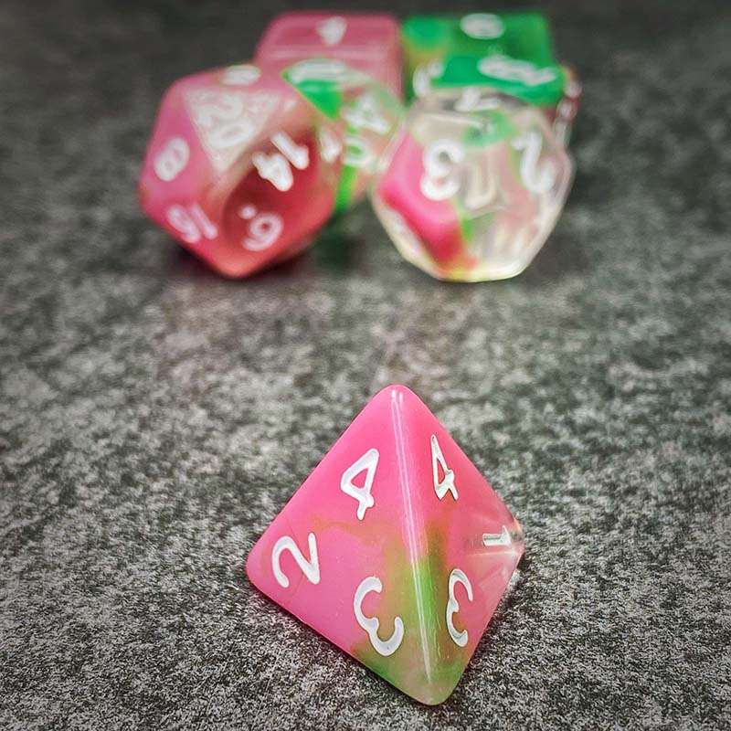 Sage's Capsules - Half Transparent Pink/Green Acrylic Polyhedral Dice Set image 8