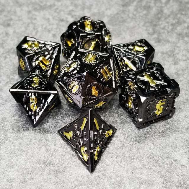 Sage's Knight's Valor - Black Inlay Gold Ink Metal Polyhedral Dice Set image 12