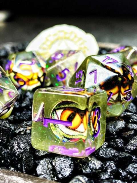 Sage's Bottled Yellow/Green Dragon Eyes Resin Polyhedral Dice Set image 6