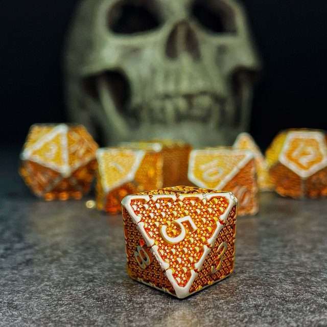 Sage's Hounds - Vintage Yellow with Silver Metal Polyhedral Dice Set image 6