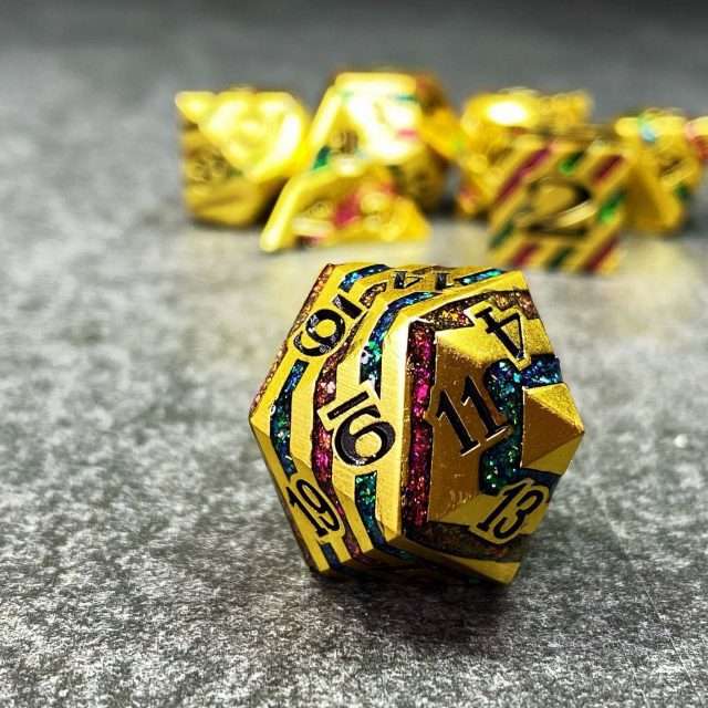 Sage's Dimension Stones - Gold Purple/Green Glitter Stripes Metal Polyhedral Dice Set image 2