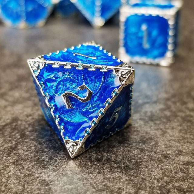 Sage's Dragonstones - Mystic Wyvern Sapphire and Silver Metal Polyhedral Dice Set image 5