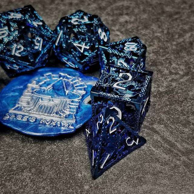 Sage's Dragonstones - Blue Noble Dragon Hollow Metal Polyhedral Dice Set image 4