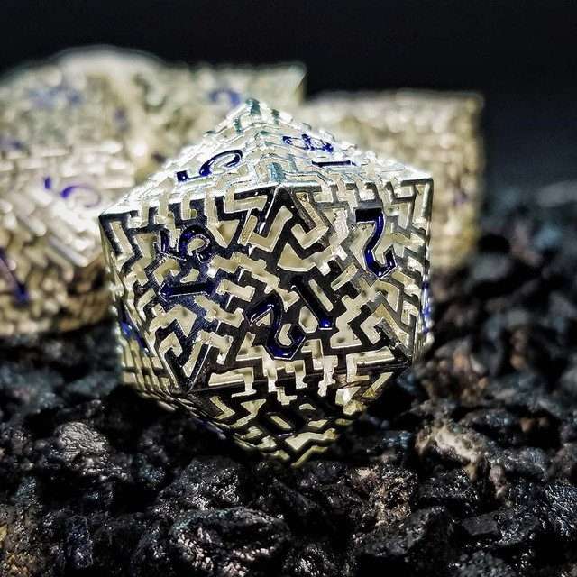 Sage's Labyrinths - Silver Weave Blue Ink Hollow Metal Polyhedral Dice Set image 17
