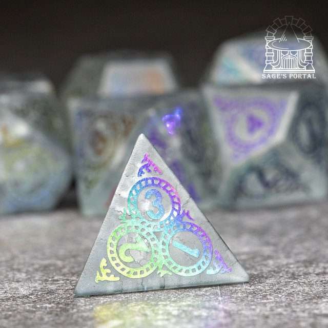 Sage's Glyphed Grey Cracked Glass Frosted Finish Polyhedral Dice Set image 7